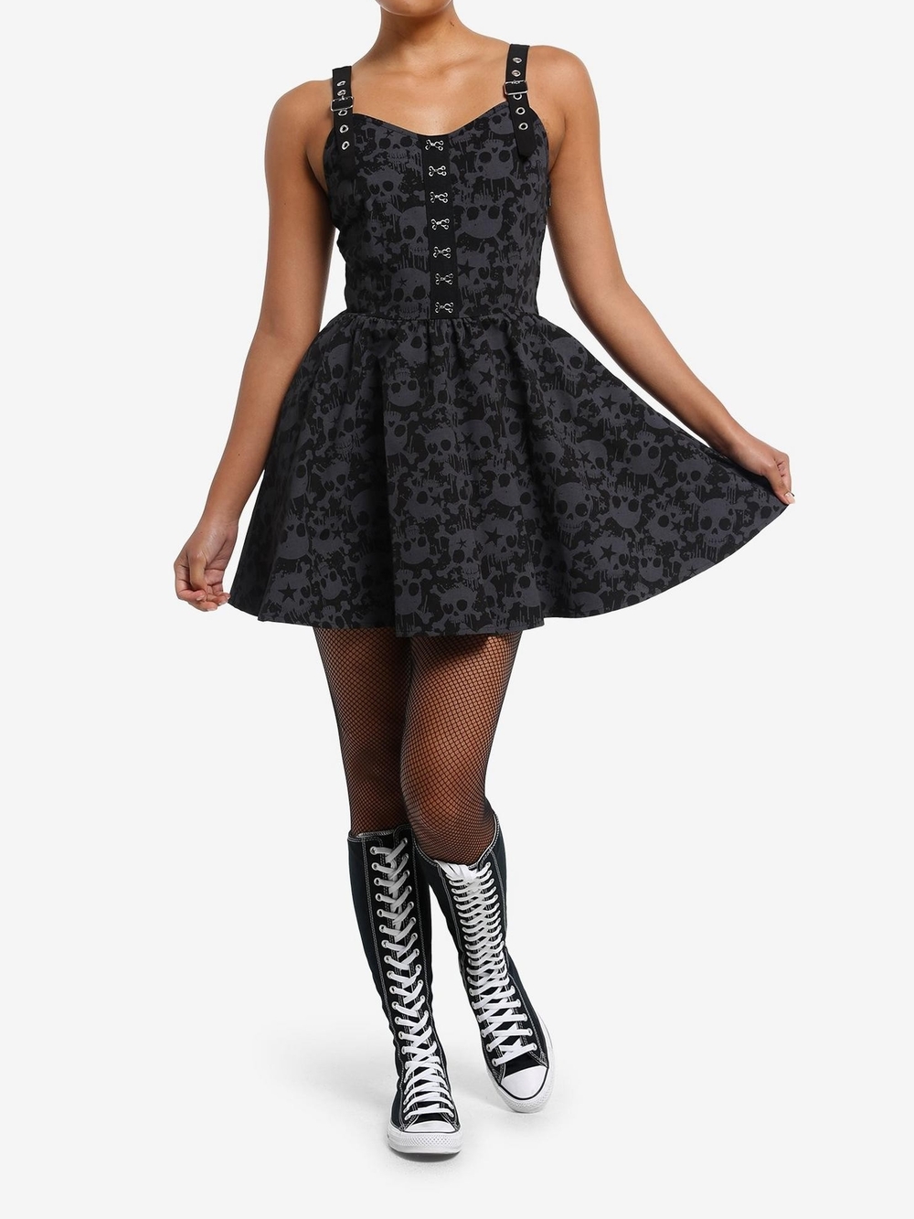 Black & Grey Skull Grommet Strap Mini Dress - Picture 2 of 6